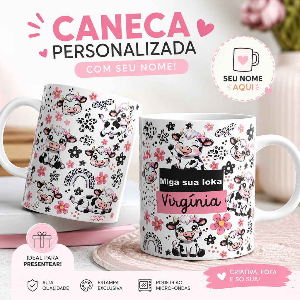 Caneca Personalizada com Nome Vaquinha Rosa | Presente para Melhor Amiga
