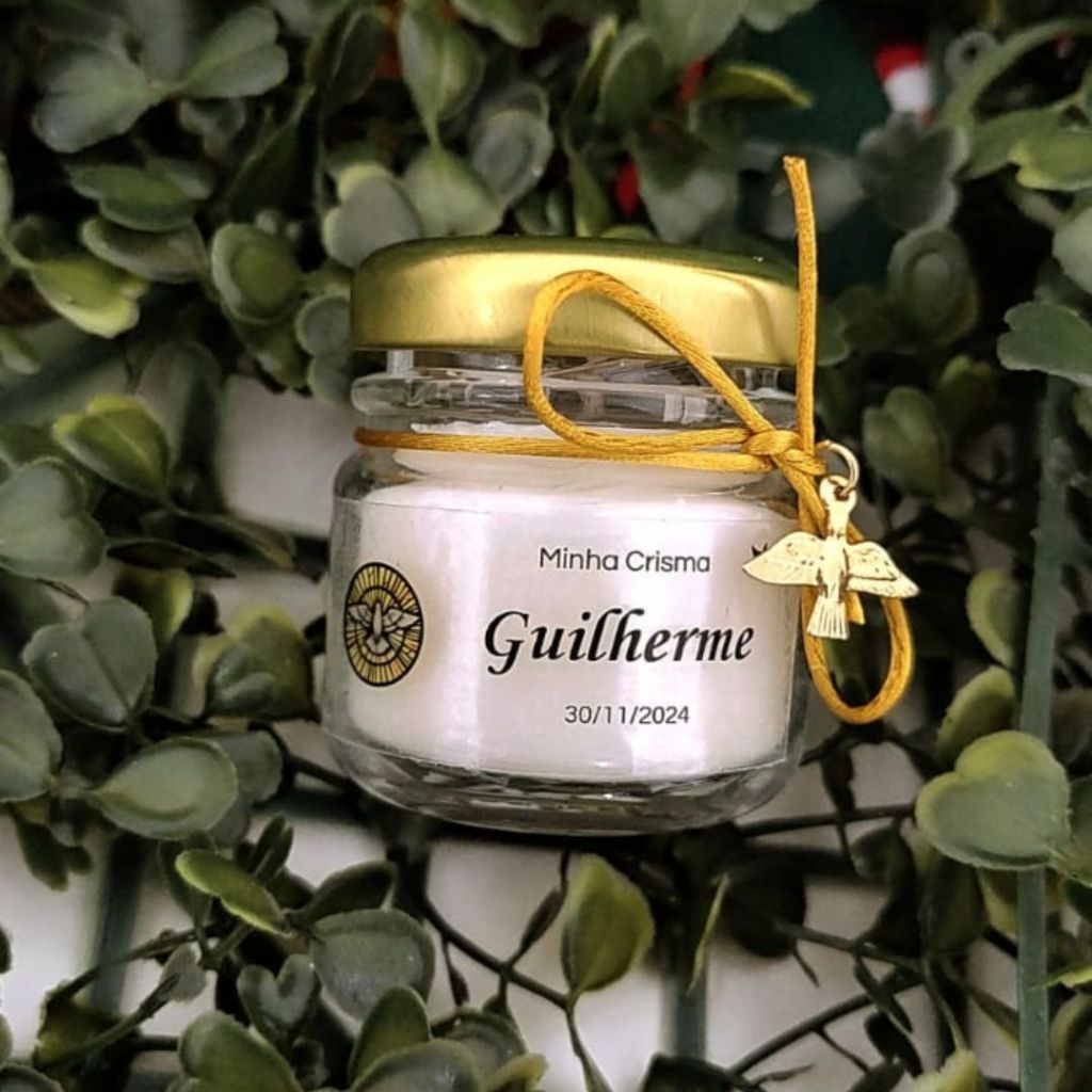 40 Lembrancinhas de Crisma - Kit com Vela Perfumada em Pote de Vidro com Tampa Dourada - Espírito Santo