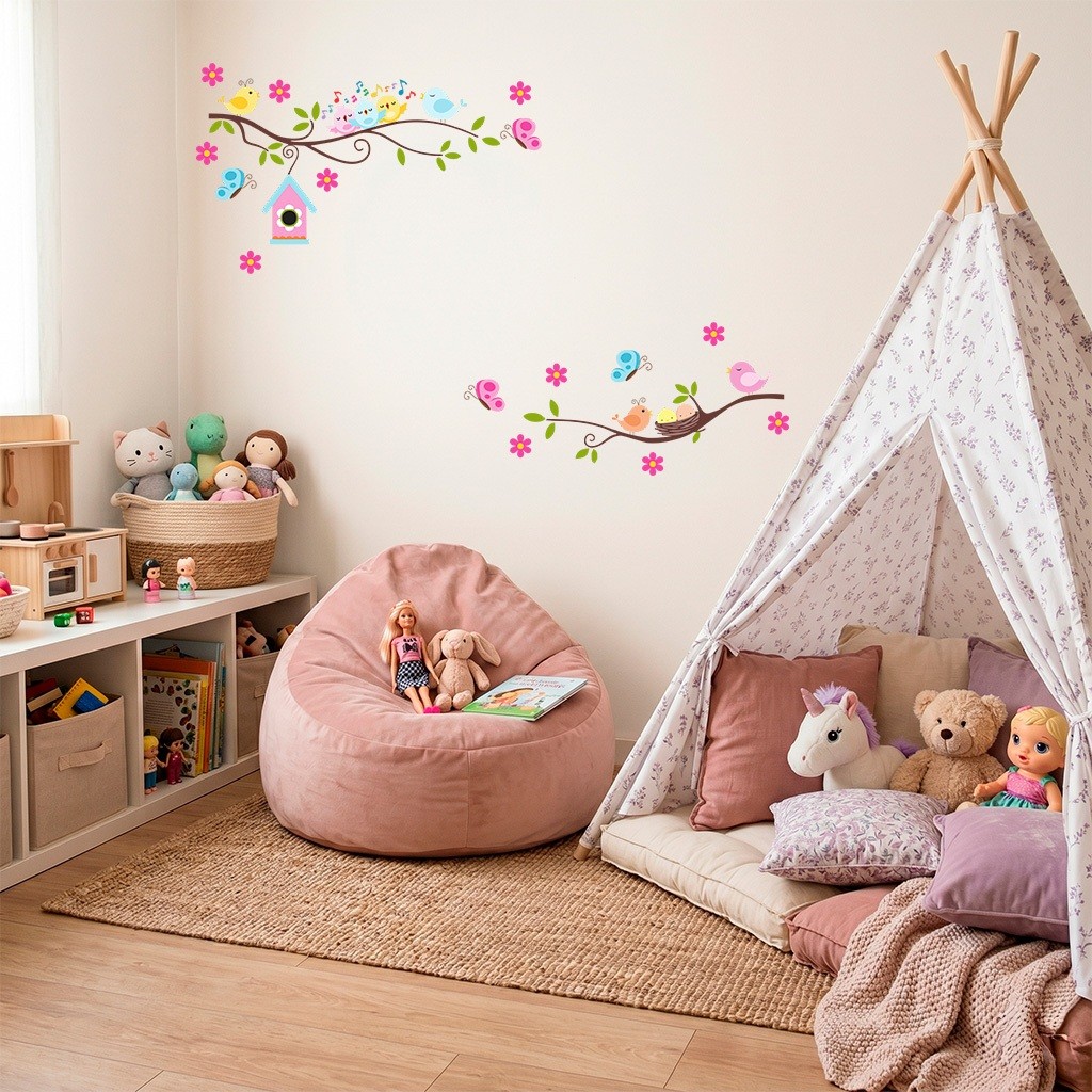 Adesivo de Parede Pássarinhos e Galhos Infantil Decorativo Autocolante Para Brinquedoteca Quarto