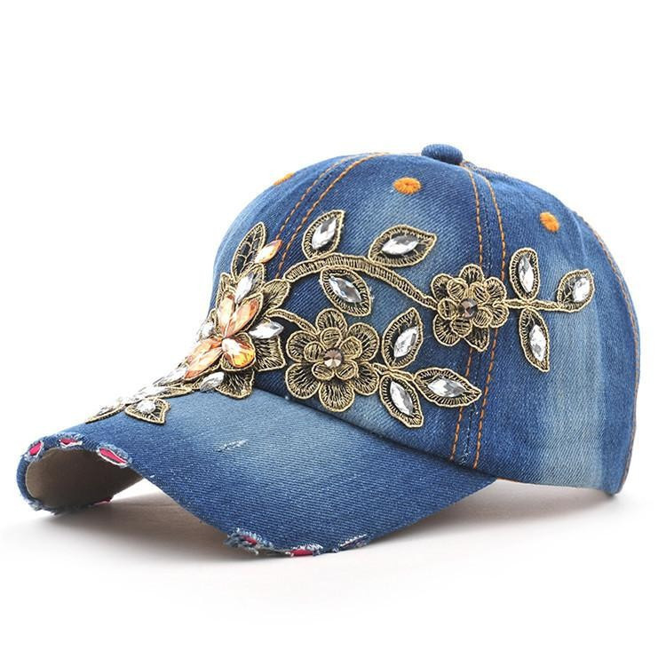 Boné De Beisebol Feminino Pintura Diamante Bordado Flor Denim Snapback Chapéus Jeans Mulher Cowboy Verão Chapéu De Sol