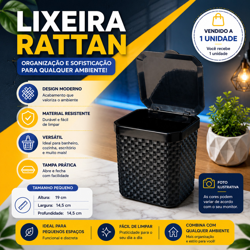Lixeira Rattan 5 Litros De Pia Preta Com Tampa Cozinha Banheiro Escritório Cesto de Lixo