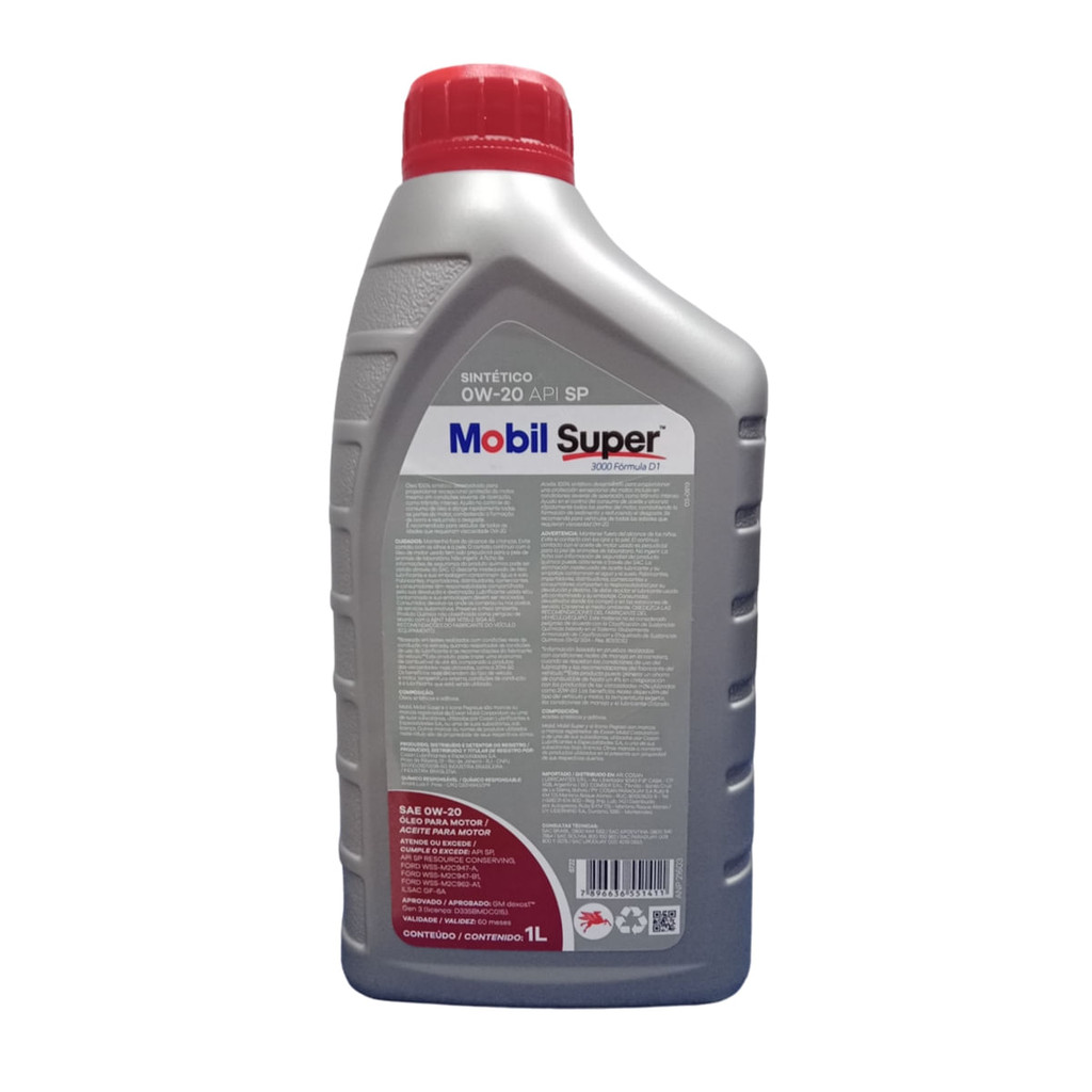Detalhes do Óleo Lubrificante do Motor Mobil Super 0W20 API SP 100% Sintético GF-6 Dexos 1L