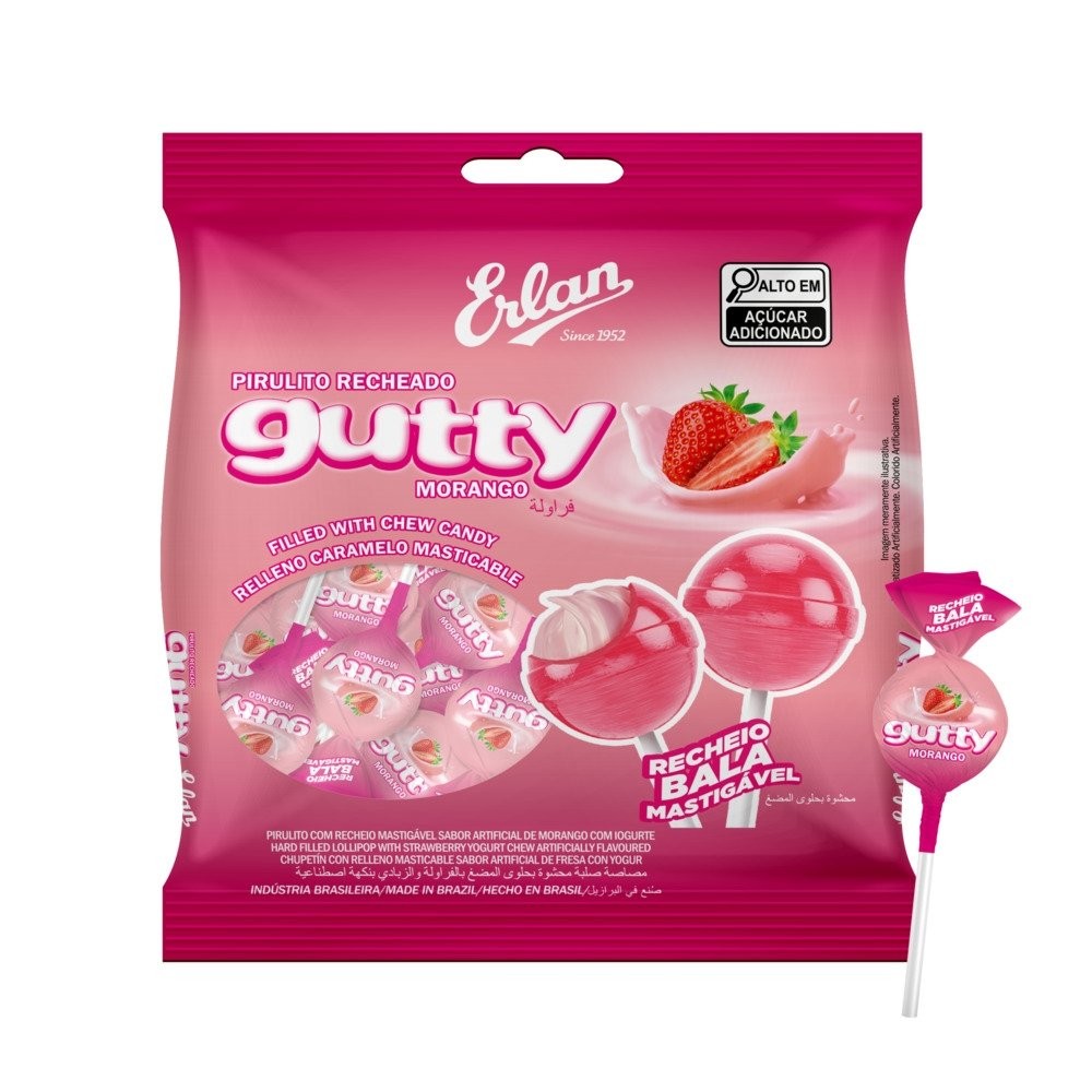 Pirulito Erlan Gutty Morango Recheado 120g em Oferta na Shopee