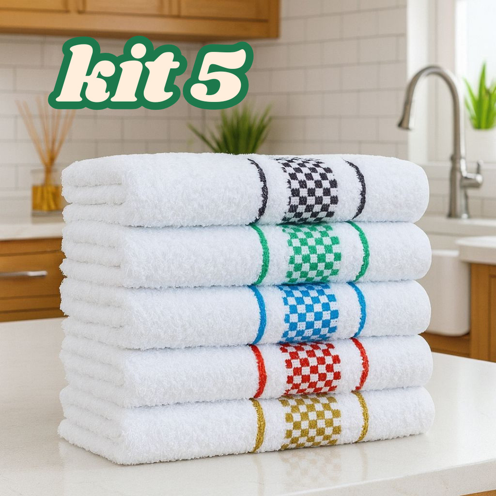 Kit 5 Panos de Prato Jacquard 45x70 Atoalhado Toalha Copa Algodão Felpudo Cozinha Pano de Louça