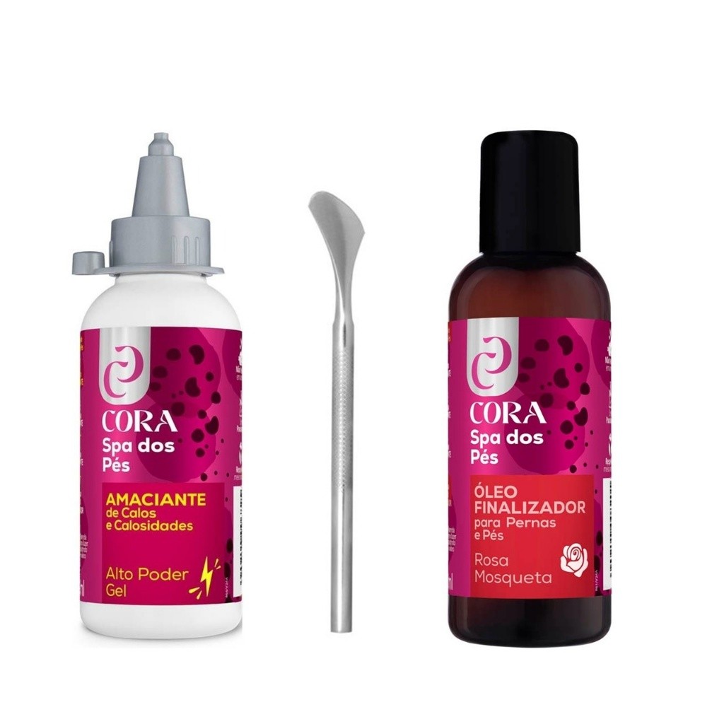 Kit Spa dos Pés Cora | Amaciante de Calos + Óleo Finalizador Rosa Mosqueta + Espátula 222 Profissional