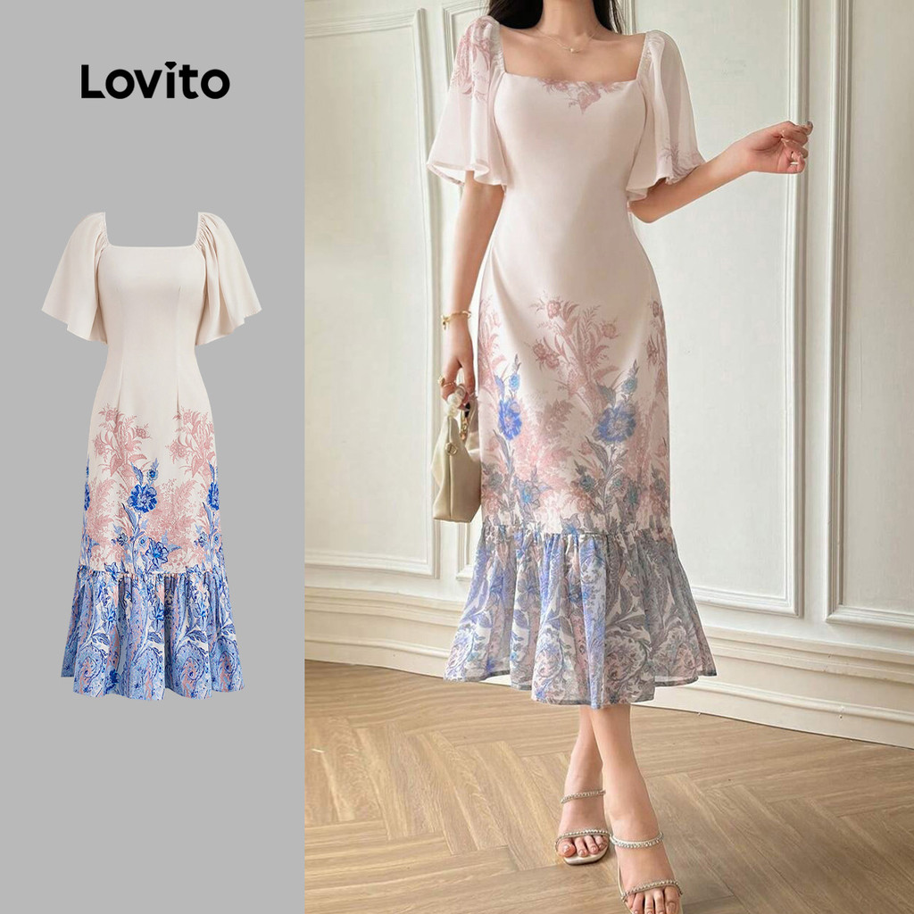 Vestido de manga babado estampado gradiente primavera verão-DRB149P1D408