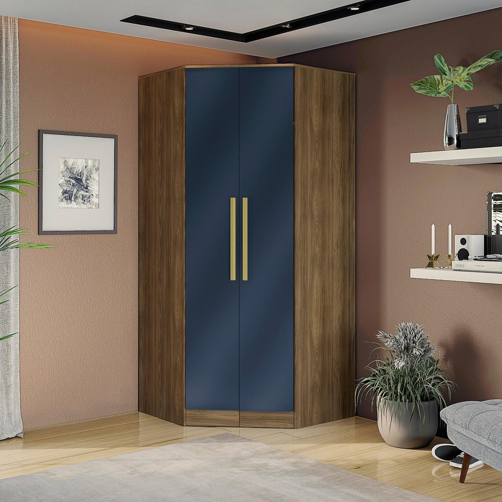 Guarda-Roupa de Canto 2 Portas Kappesberg Adapt Nogueira/Azul Profundo 105cm em Oferta na Shopee