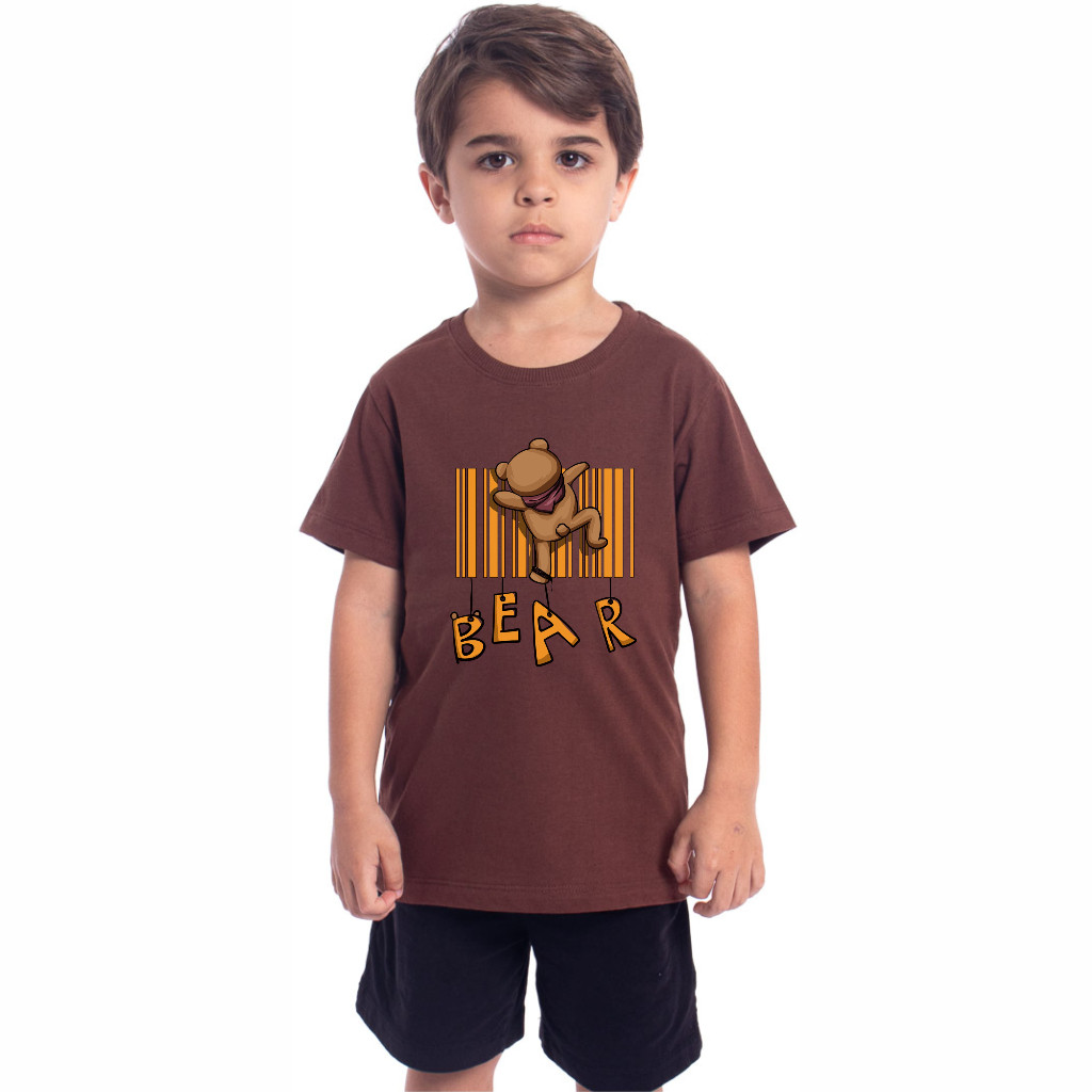 Camiseta Infantil Streetwear Bear Urso Street Barras Camisa Juvenil Gola Redonda Dupla Costura