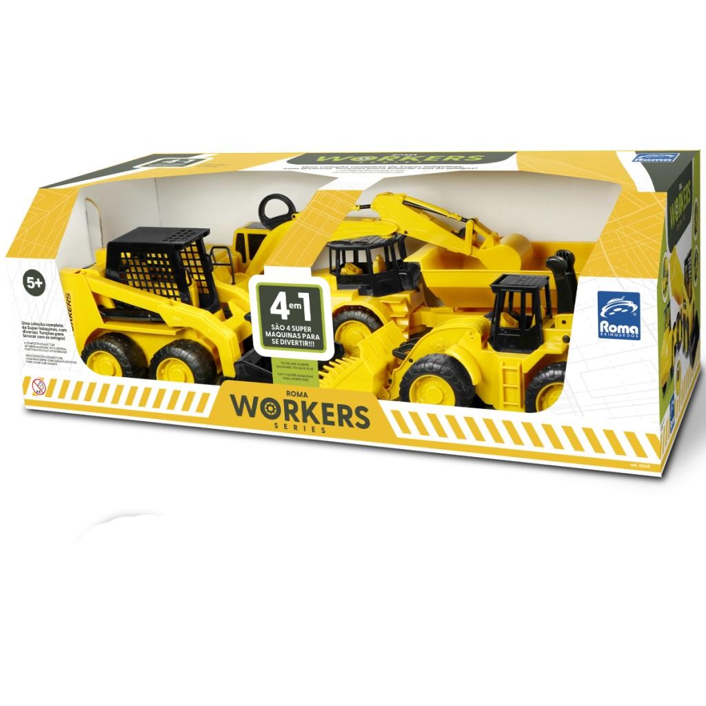 Kit Tratores 4 em 1 Roma Workers – Carregadeira, Escavadeira, Caminhão e Bob Brincadeira Realista