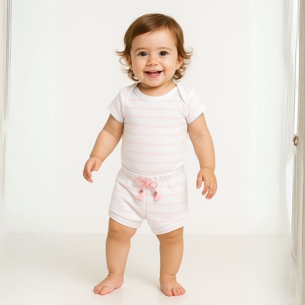 Conjunto Bebê Menina Body Listras Rosa + Bermuda Algodão Suedine Conforto