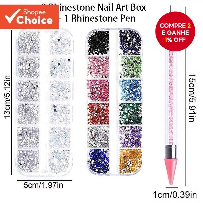 Kit 3 Strass Nail Art Caixa Pedras De Prata Coloridas + Caneta