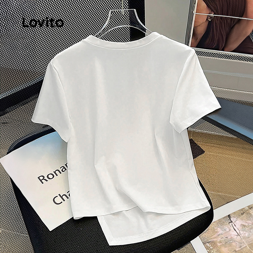 Detalhes do Lovito Camiseta Casual Assimétrica Branca Para Mulheres L150AD706