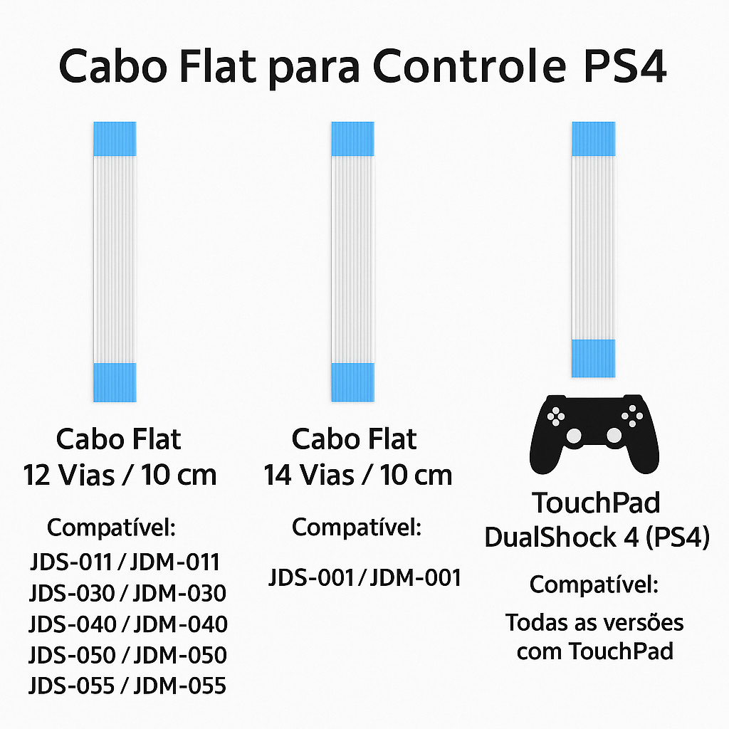 Cabo Flat Conector USB 12 e 14 Vias e TouchPad 10 Vias P/ Controle Ps4 Dualshock4 Playstation 4