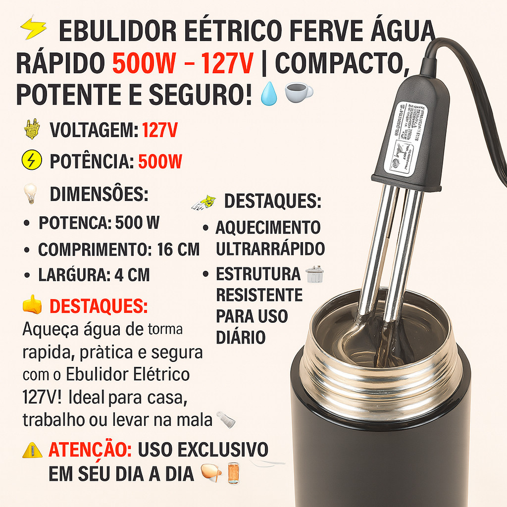 EBULIDOR ELÉTRICO 127W RABO QUENTE PRÁTICO FERVE ÁGUA CHIMARRÃO COZINHAR  CHALEIRA TÉRMICA.
