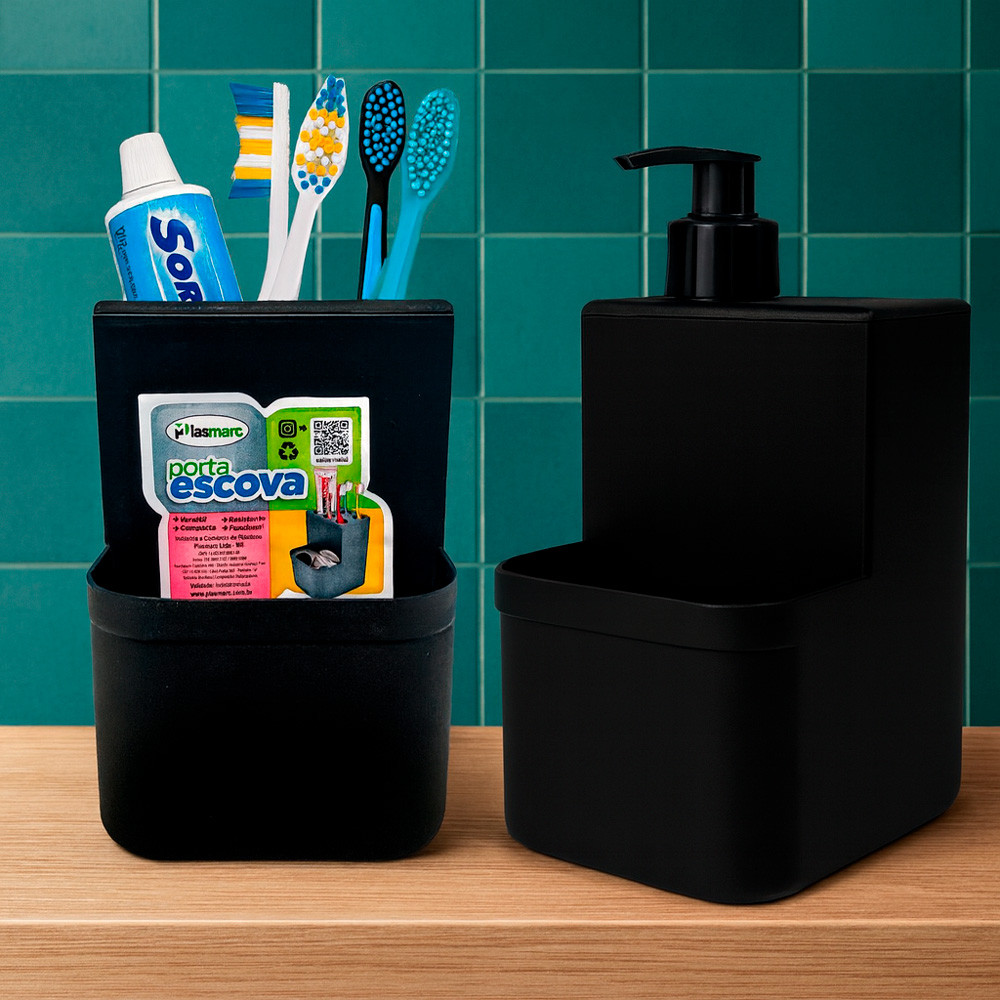 Porta Escova de Dentes multiuso + Dispenser Porta Detergente c/ Suporte para Esponja