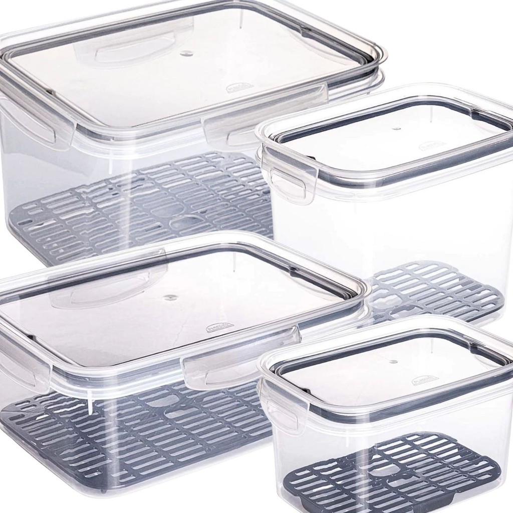 Kit 4 Potes Trava Mais Com Escorredor Tampa Hermético Livre de BPA Freezer Microondas Lava Louças Conserva Mais Plasútil