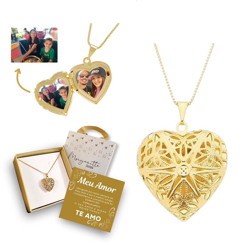 Colar com 1 foto Relicário Coração Telado Pequeno Folheado a Ouro 18k