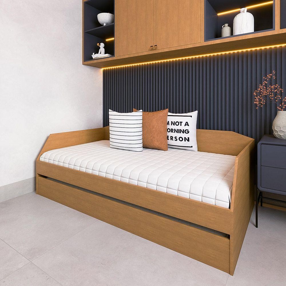 Sofa Com Bicama Para Quarto Ou Sala Solteiro Ou Criança Com Cama Auxiliar Reforçada Duo Amendoa