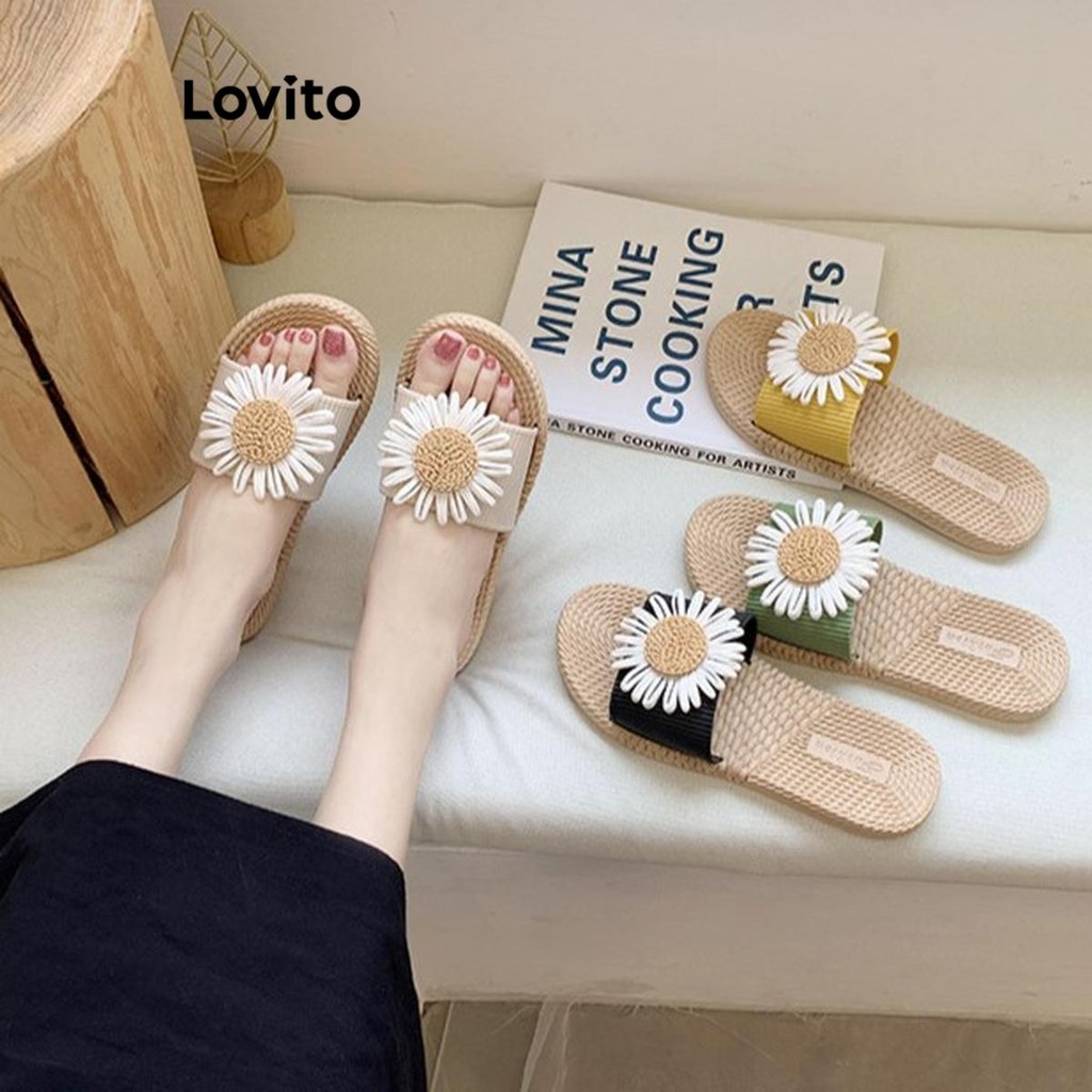Lovito Sandálias planas antiderrapantes com flores florais casuais para mulheres LFA45263 em Oferta na Shopee