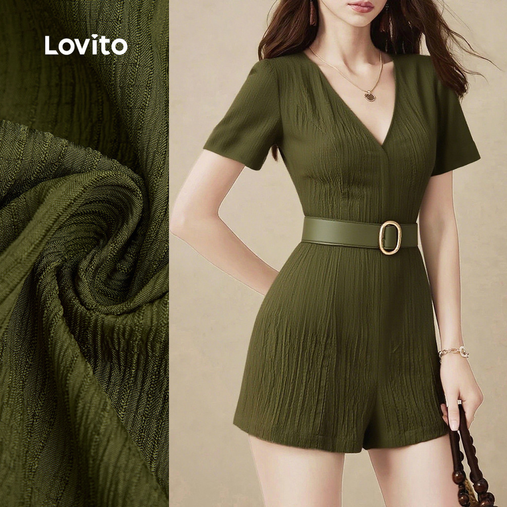 (NEW) Lovito Macacão Casual Clássico e Atemporal Simples Primavera/verão Macacão Verde Escuro L155AD378