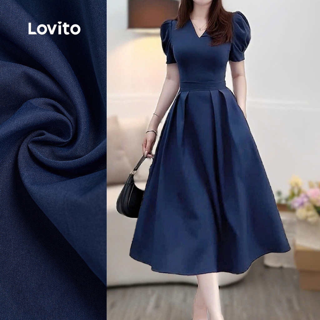 (NEW) Lovito Vestido Elegante com Pregas Simples para Primavera/verão Vestido Azul-marinho para Mulheres L155ED1159
