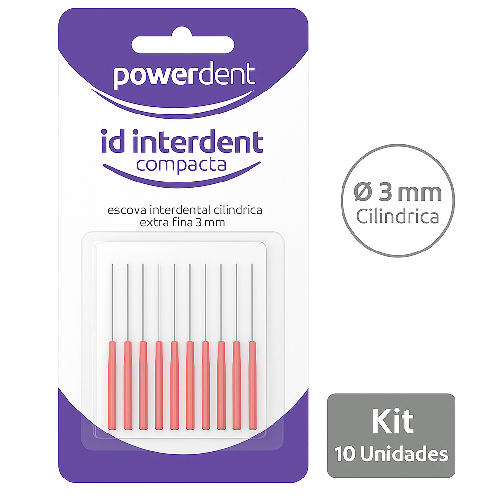Escova Interdental PowerDent 3mm Cilíndrica Kit 10 Unidades Higiene Bucal