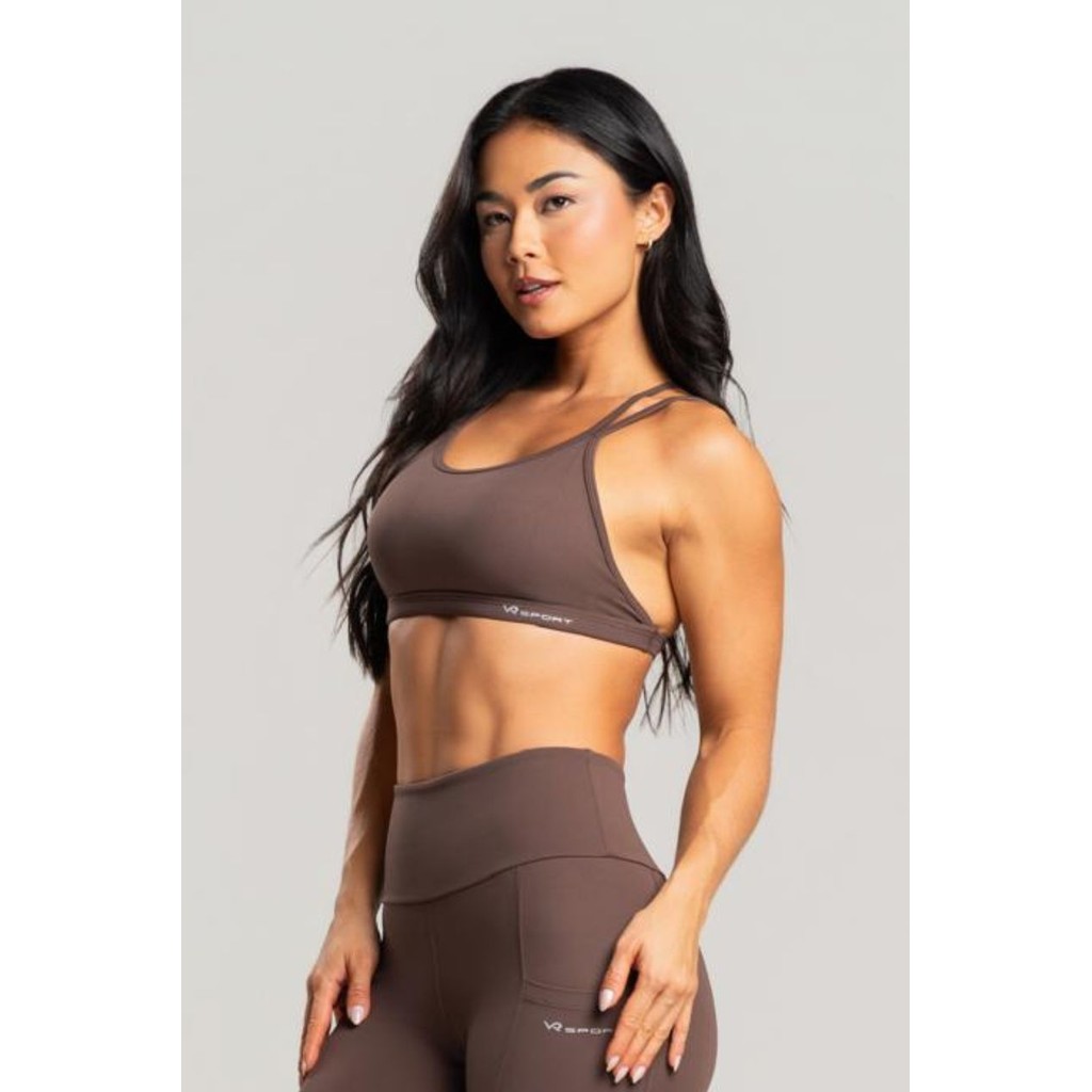 Top Feminino Fitness Alças Cruzadas Costas Zero Transparência Poliamida Premium Chocolate