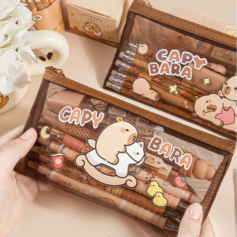 Bonito Dos Desenhos Animados Capivara Série Lápis Caso Estudante Portátil Grande Capacidade Transparente Malha Caneta Sa