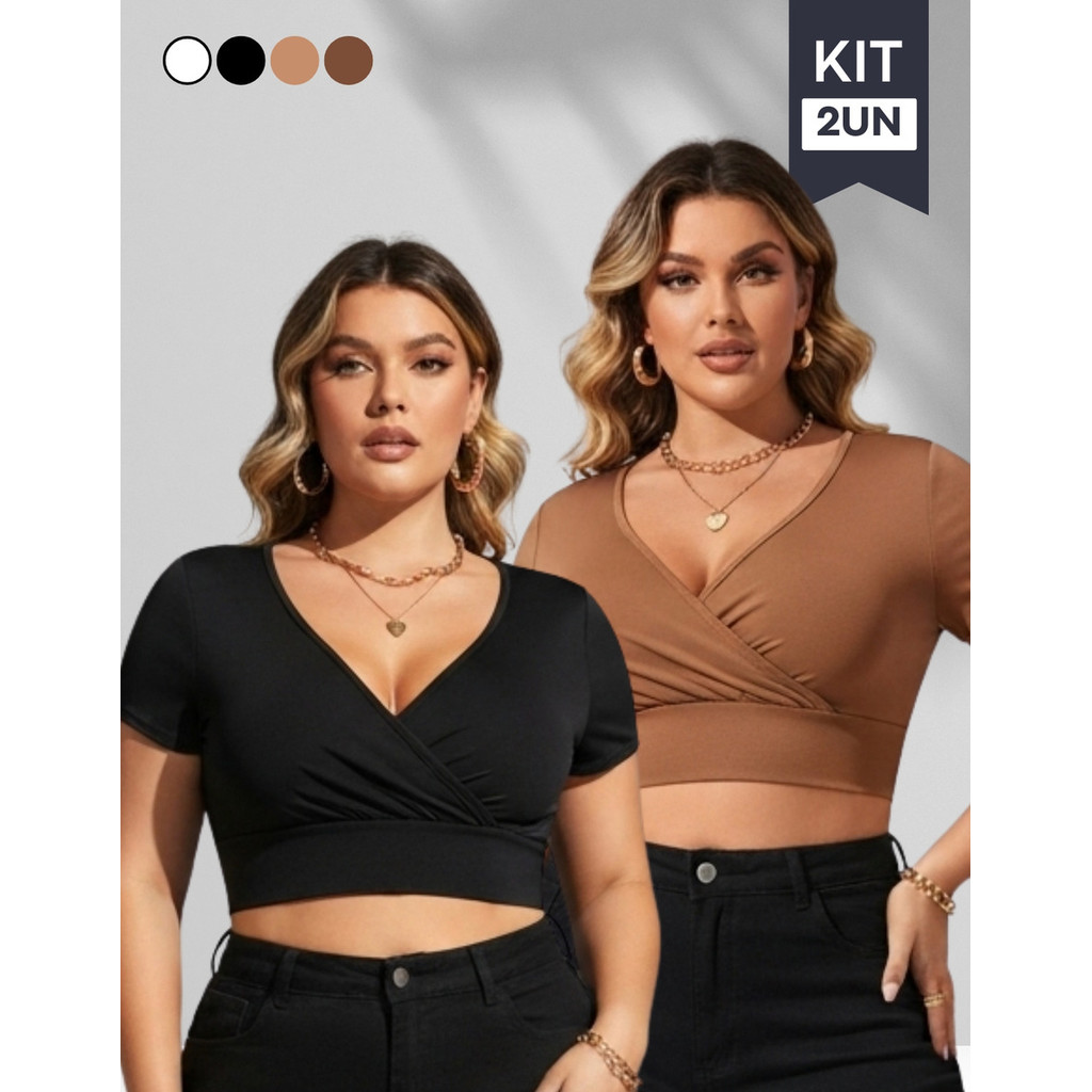 Kit 2x Cropped Plus Size Feminina Blusinha Top Decote V Suplex Forrado