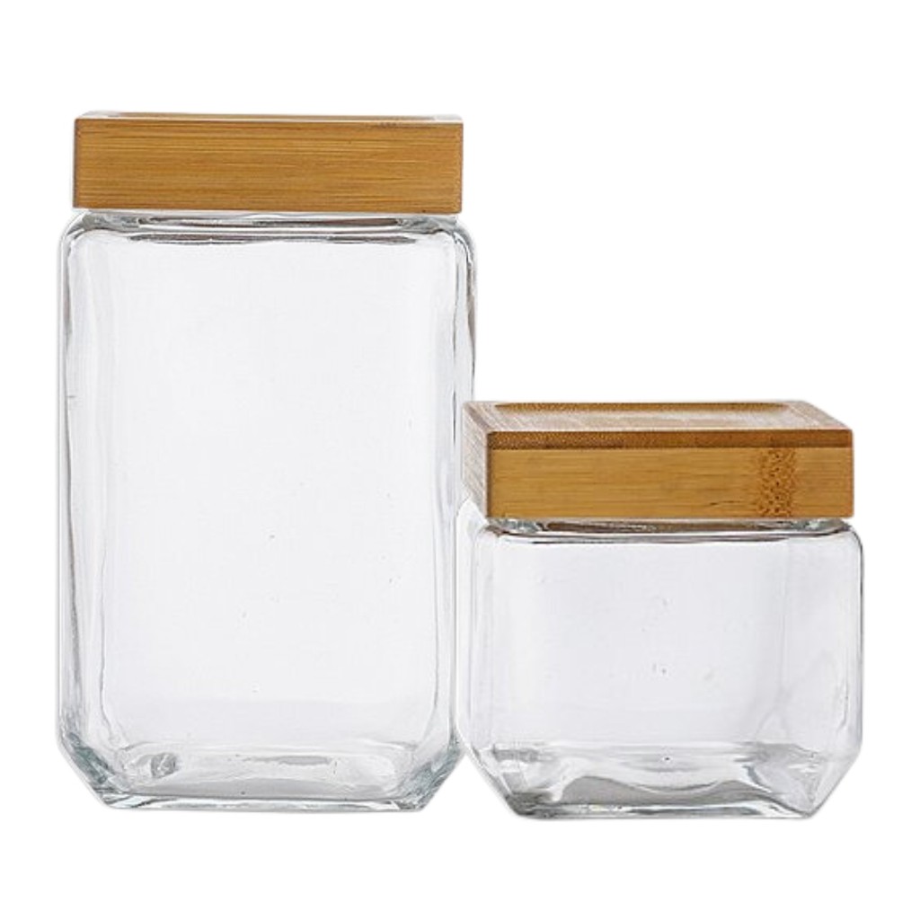Kit 2 Pote Porta Mantimento Vidro Quadrado Tampa Bambu Moderno P G Cozinha Luxo Premium Le Bianco