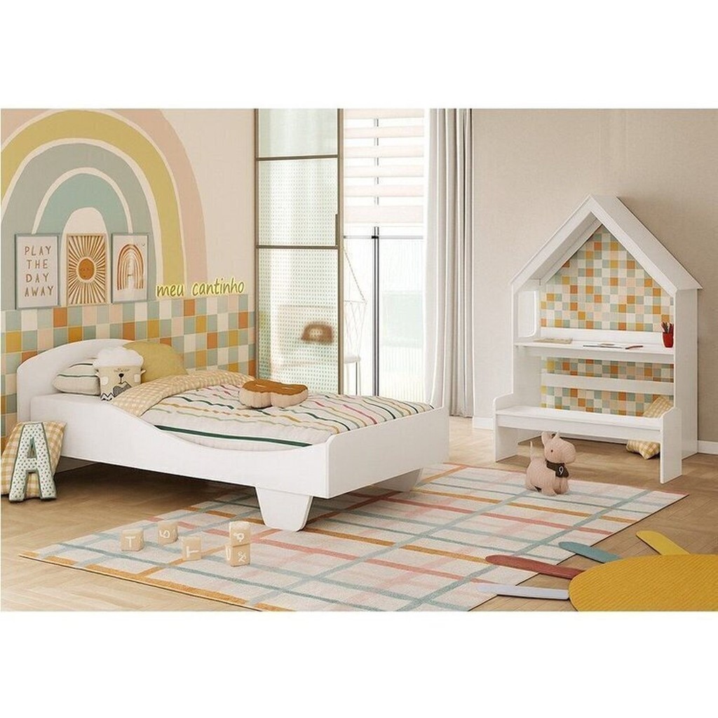 Quarto Infantil com Cama Mesa Casinha e Banco Olívia 100% MDF Espresso Móveis Branco/Brilho Branco Brilho