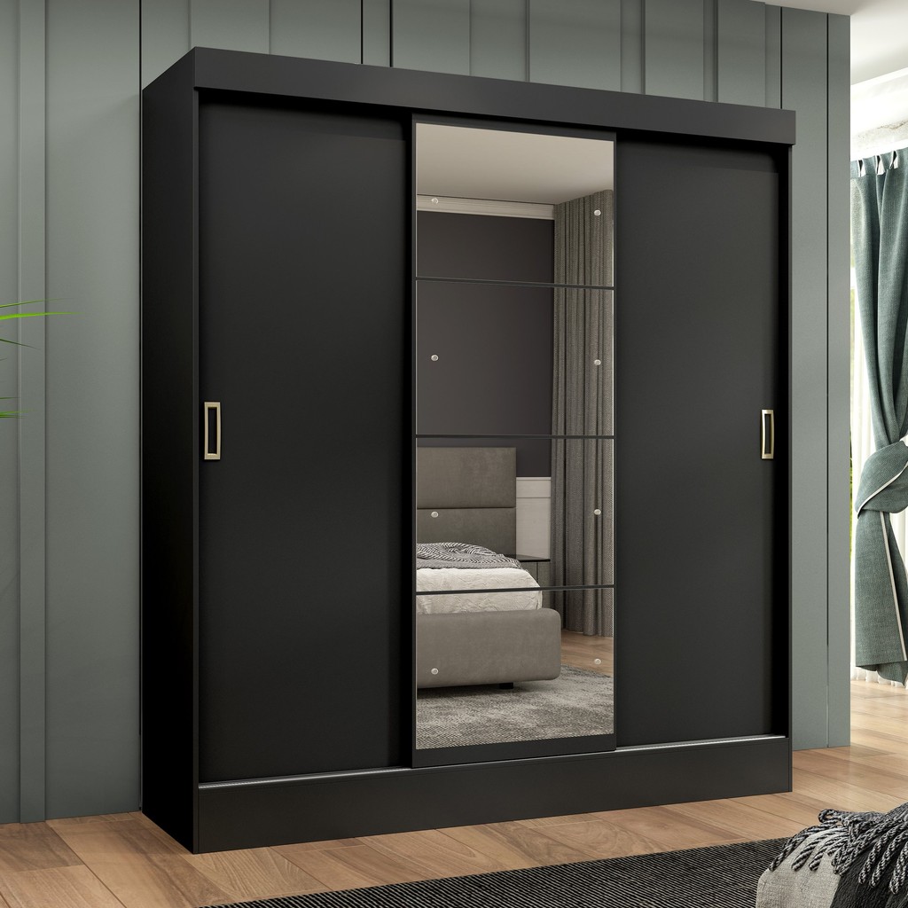 Guarda Roupa Casal com Espelho 3 Portas 2 Gavetas Istambul Espresso Móveis Preto