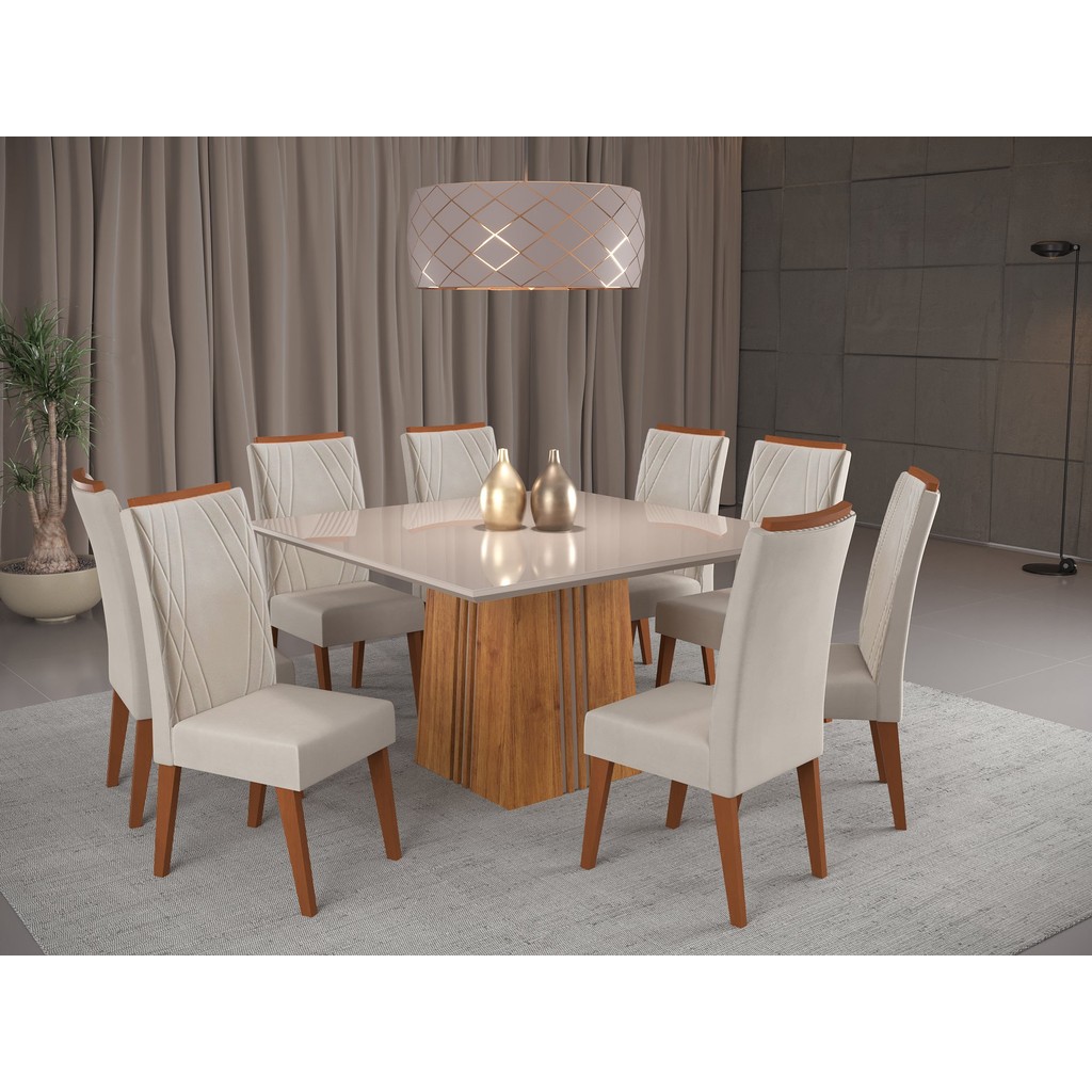 Mesa de Jantar Quadrada Monza com 8 Cadeiras Madeira Maciça Vegas Marfim/Mel em Oferta na Shopee