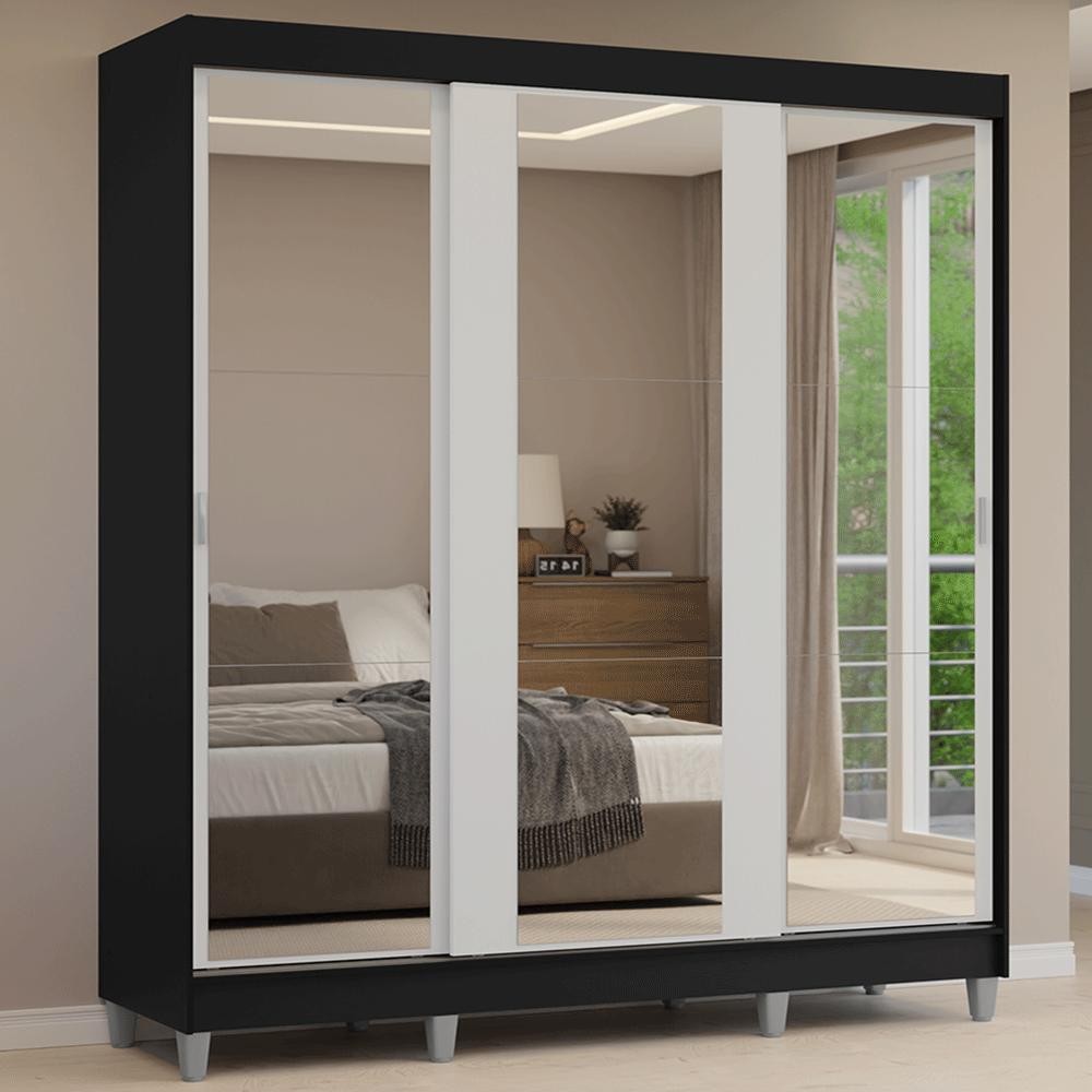 Guarda-Roupa Casal com Pés 3 Portas de Correr de Espelho Reno Madesa P