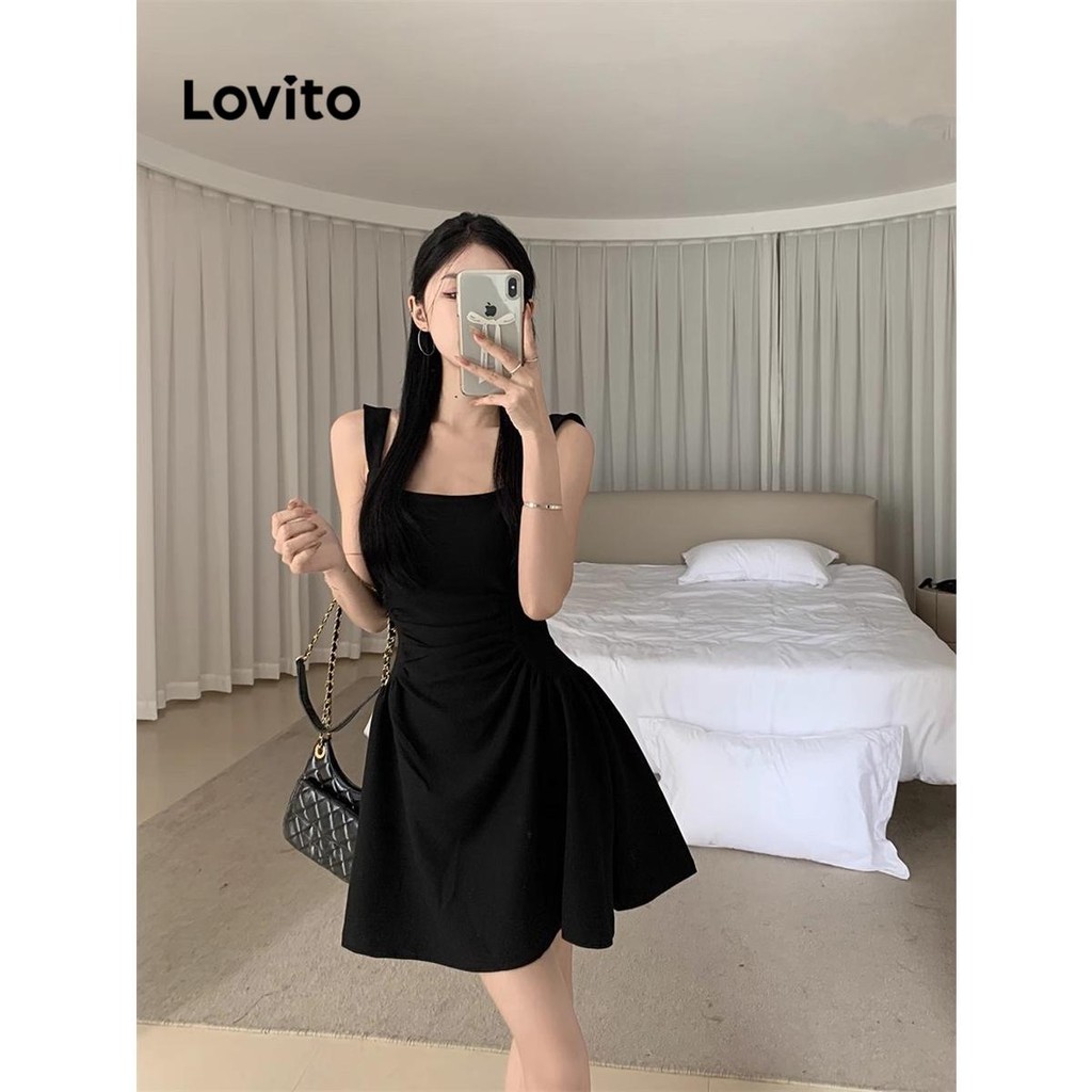 Detalhes do Lovito Vestido Casual Liso Franzido Feminino LNA57166
