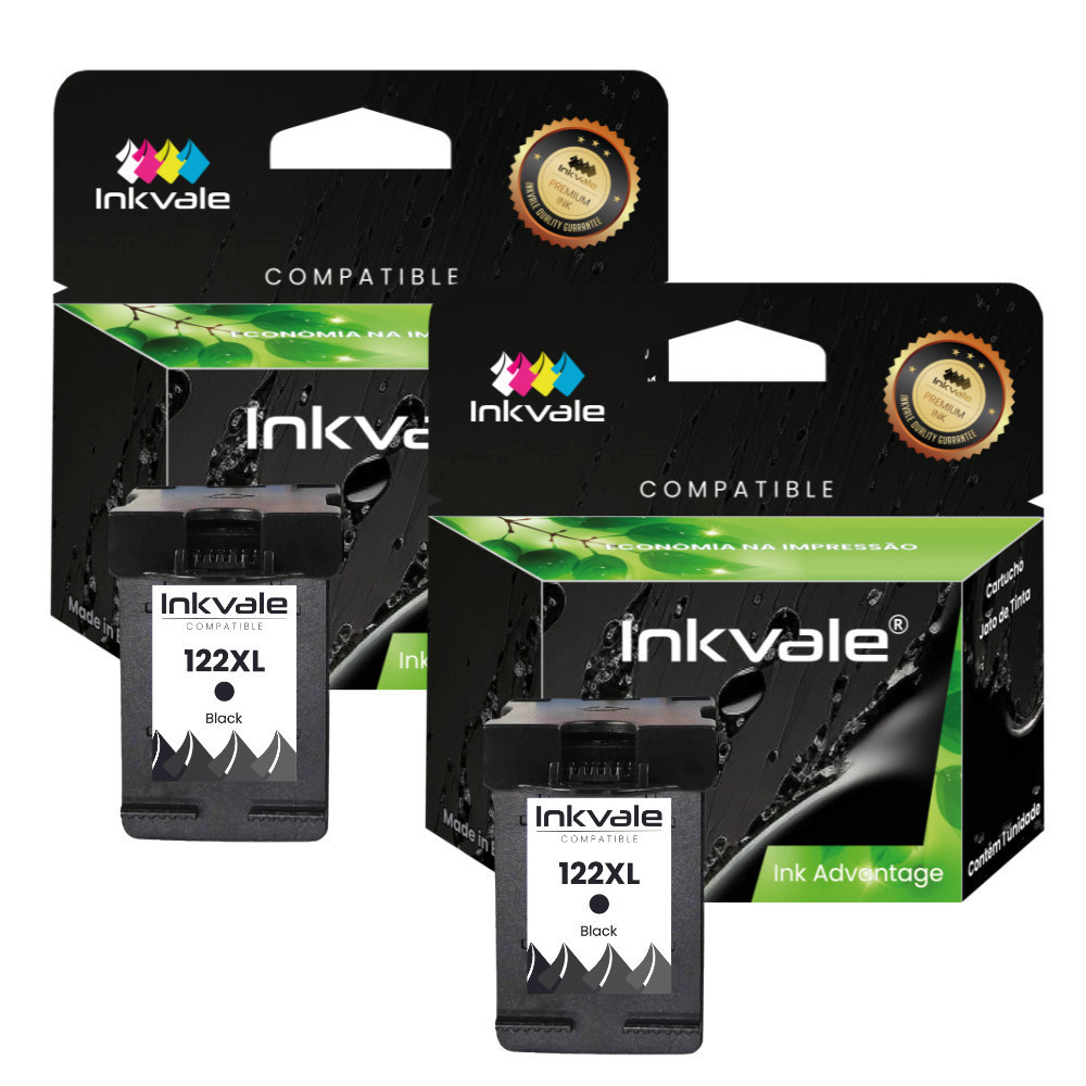 2 Cartuchos Inkvale Compatíveis 122XL Preto Impressora HP 1000 1050 2050 3050 Impressora Tinta Premium