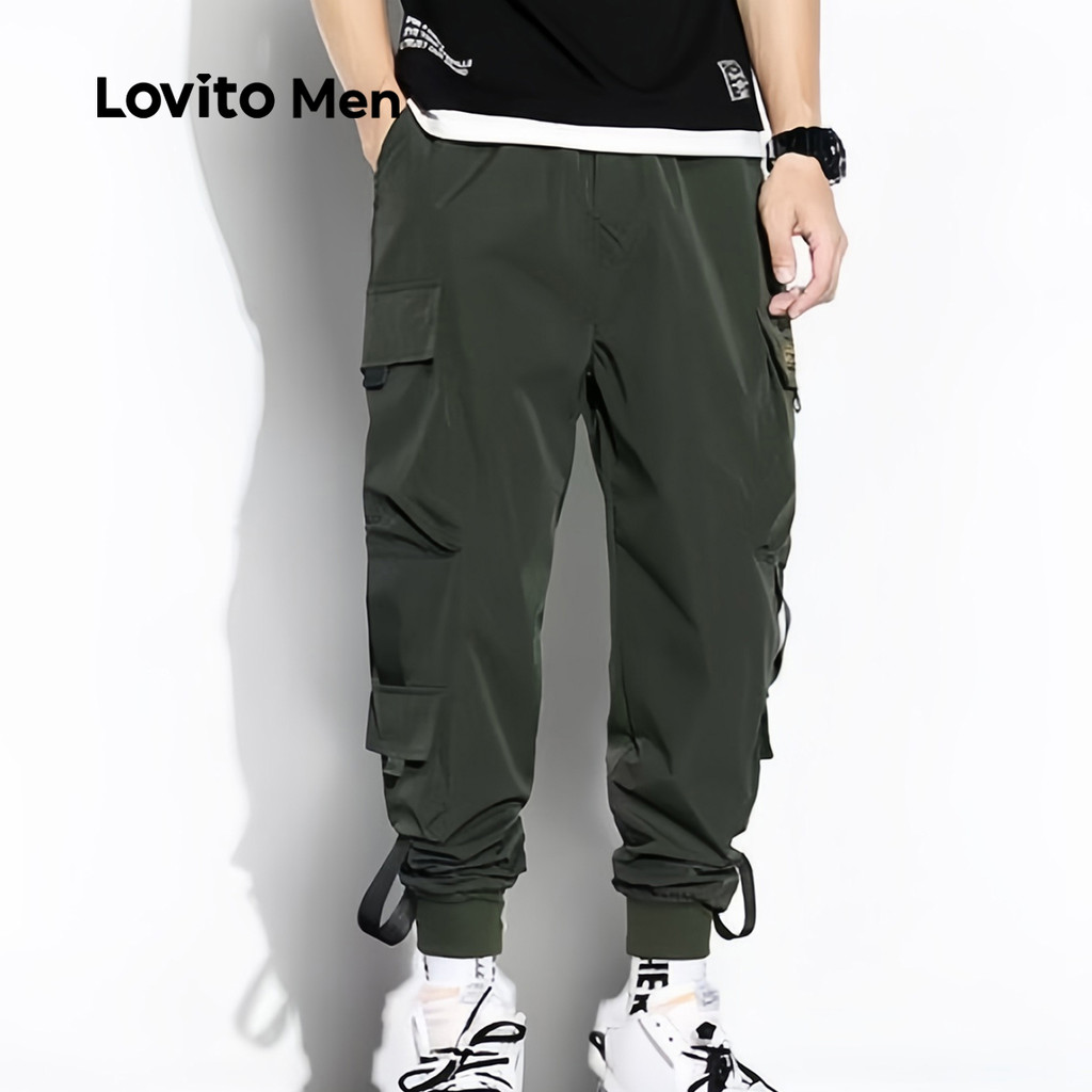 Detalhes do Lovito Men Estrutura de Bolso Cargo Casual Linha All Seasons Verde para Homens LNE118049