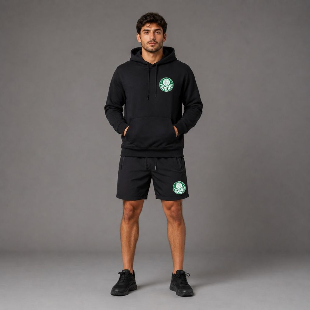 Kit Moletom e Bermuda Tactel Masculina Mancha Verde Adulto Conjunto Palmeiras Bermuda Blusa de Frio