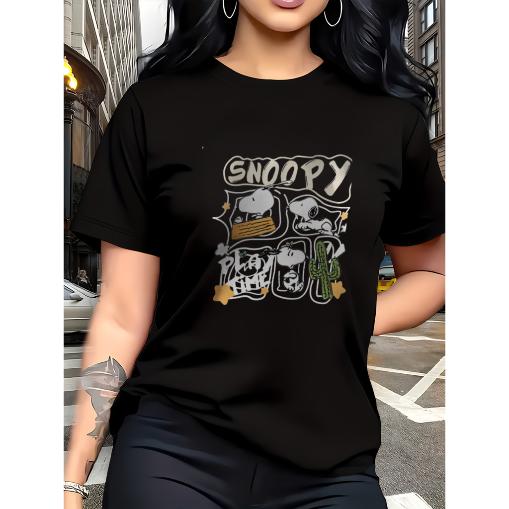 Snoopy Jogar Cacto Estrela Padrão Camiseta de algodão puro, macia e confortável, respirável e absorvente, estampa digita