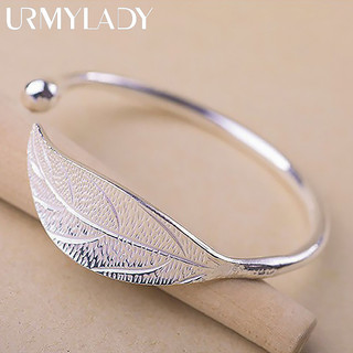 Pulseira Aberta Feminina em Prata Esterlina 925 URMYLADY, Forma de Folha, Ajustável, Joia com Pingente OQSL