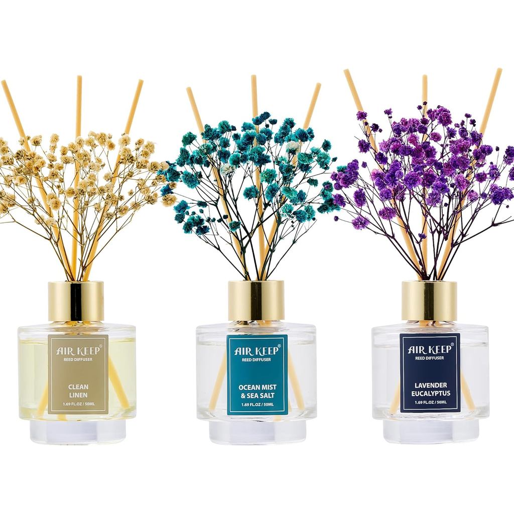 Conjunto de 3 Difusores de Óleo Essencial Airkeep, com aromas de Névoa de Oceano e Linho Limpo e Sal Marinho, Lavanda e
