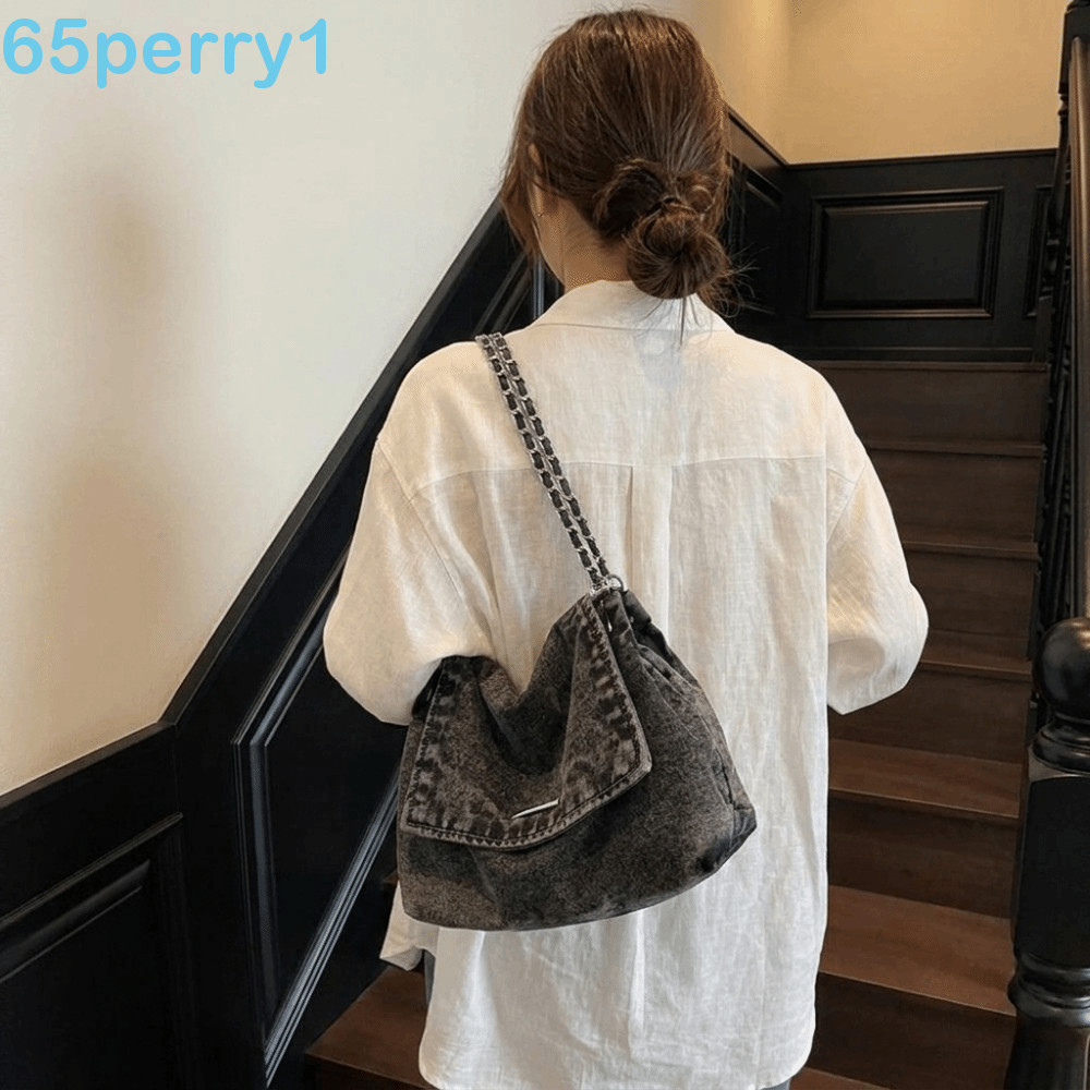 PERRY1 Bolsa De Ombro Com Corrente , Sacola Jeans Versátil Durável De Grande Capacidade , Crossbody Alça Ajustável