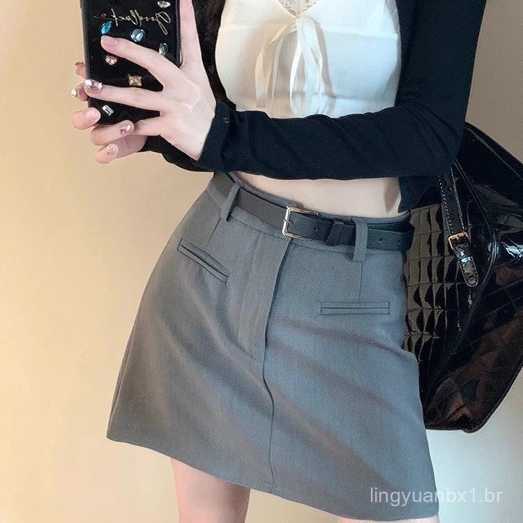 Saia curta cinza plus size para mulheres, saia de alfaiataria para mulheres de estatura baixa, saia de cintura alta em c