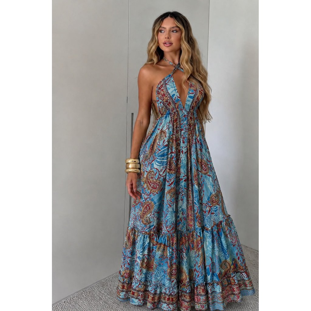 Vestido indiano,Seda costa nua longo,fios de ouro,amarração,para festa,elegante,Boho chic
