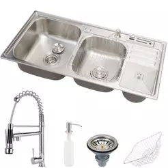 Kit Cuba para cozinha dupla em aço inox com acessórios com lixeira Nukini, Torneira Gourmet Munim Pingoo
