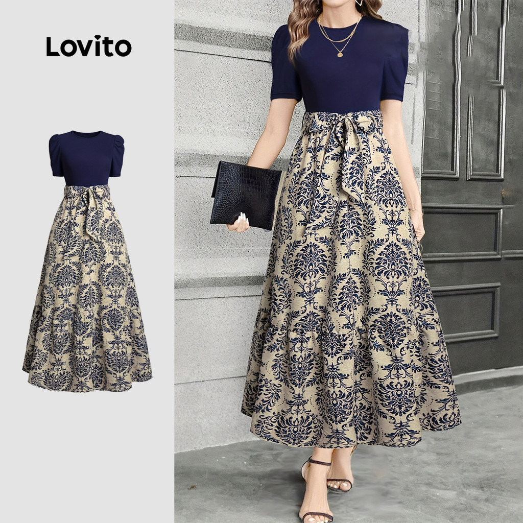 Lovito Elegante Vestido com cadarço Colorblock vestido primavera/verão para mulheres Bordado LK3ED612
