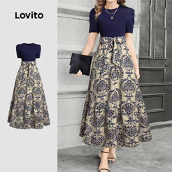 Lovito Floral Elegante Vestido com cadarço Colorblock vestido primavera/verão para mulheres Bordado LK3ED612