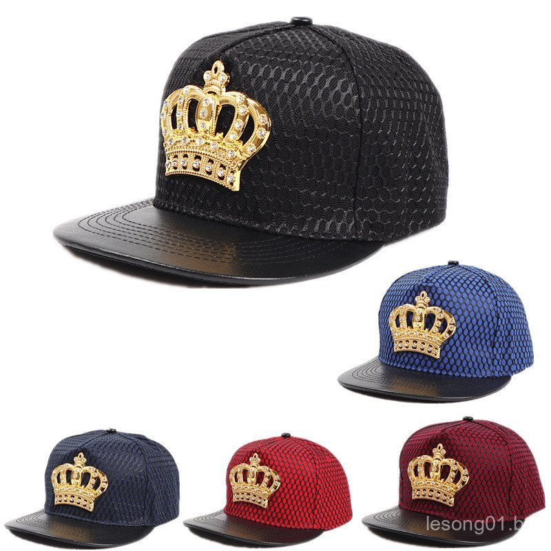 Boné Hip-Hop com Logo Metálico New Crown, Boné de Beisebol para Dança de Rua, Boné de Aba Reta com Tela, Boné de Proteçã