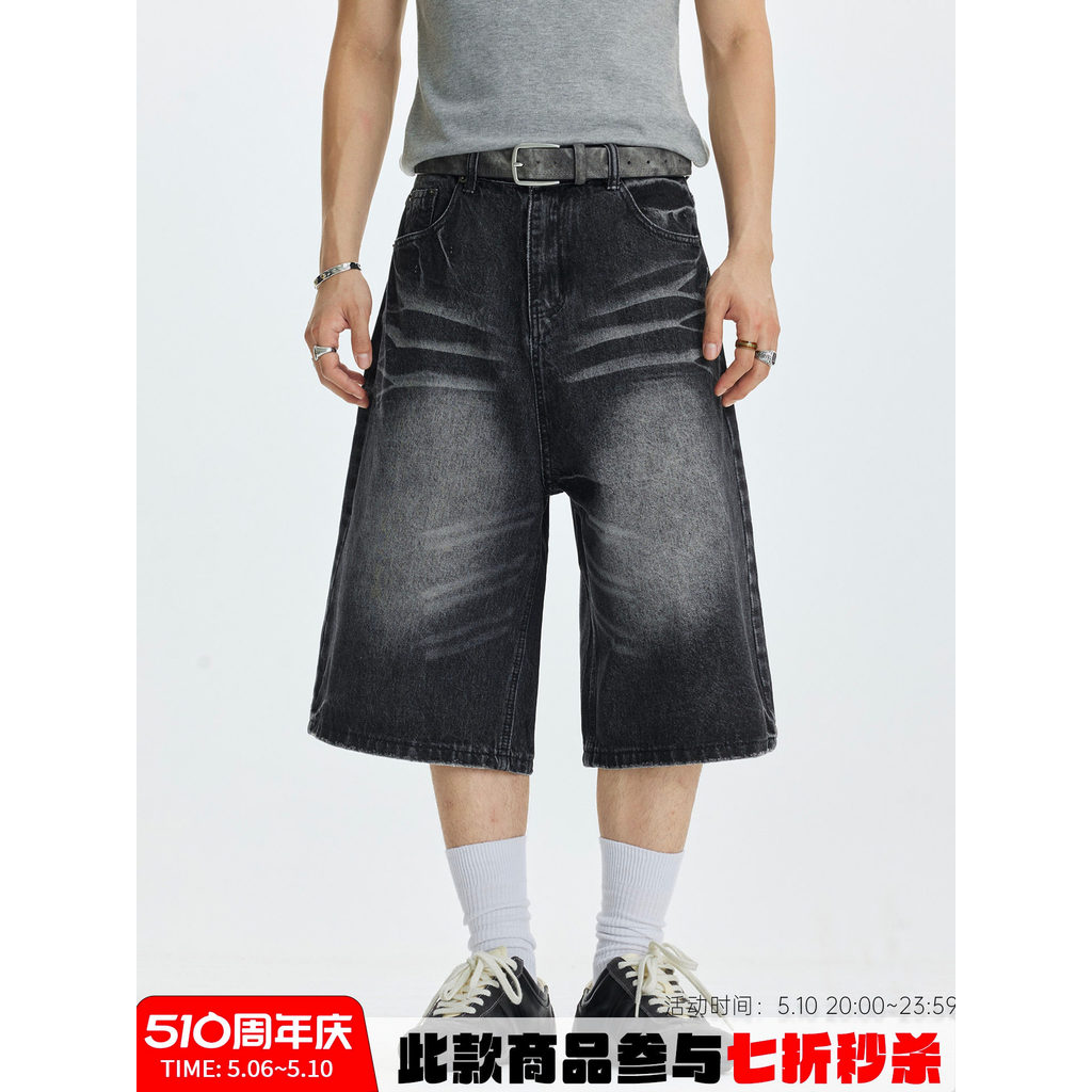 BLAEXIT Retro Cat Whisker Lavado Preto Cropped Jeans Masculino Solto Casual All-Match Shorts Americanos