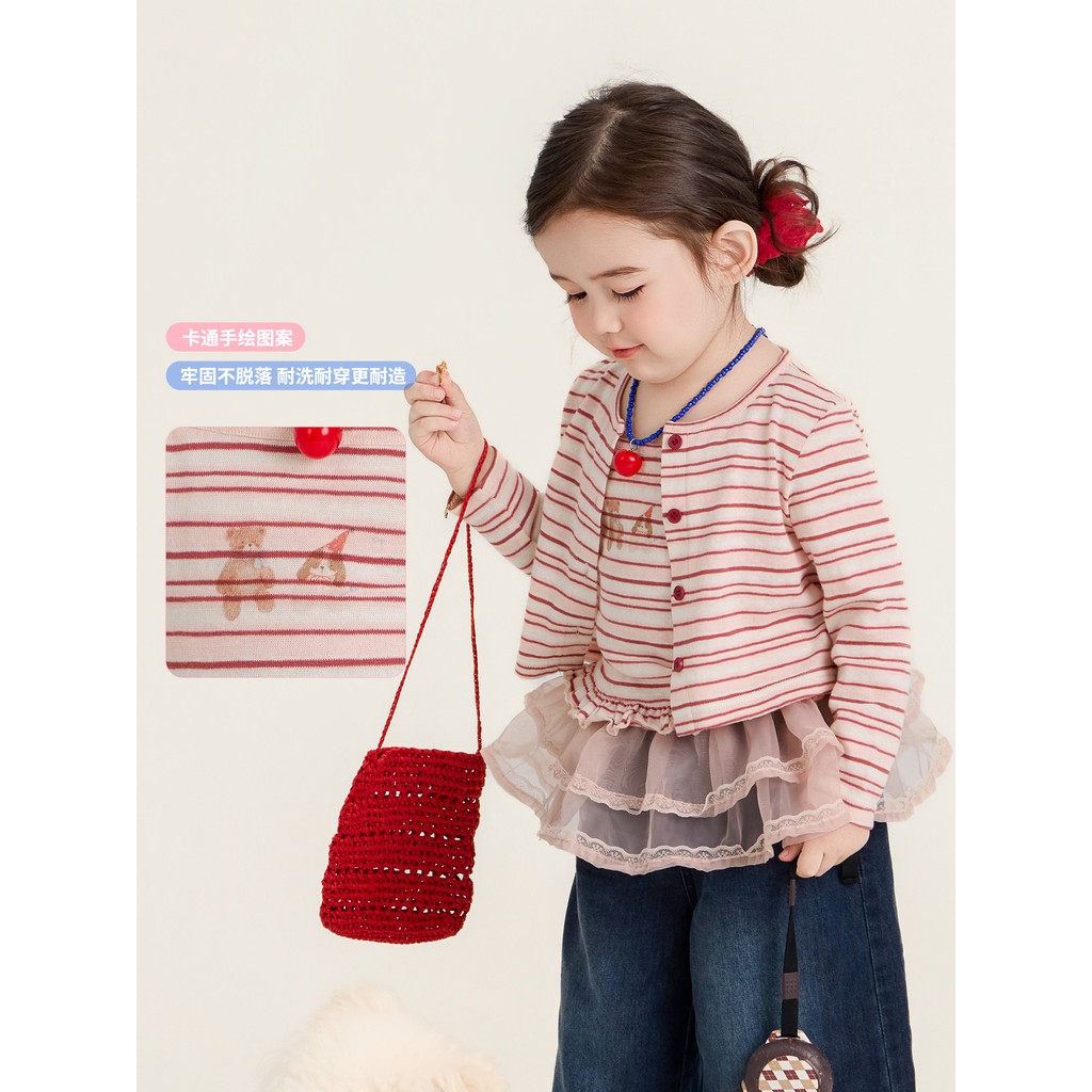 Grande rolo pequeno 26 novo estilo meninas primavera dos desenhos animados rosa listrado estilingue Cardigan conjunto de